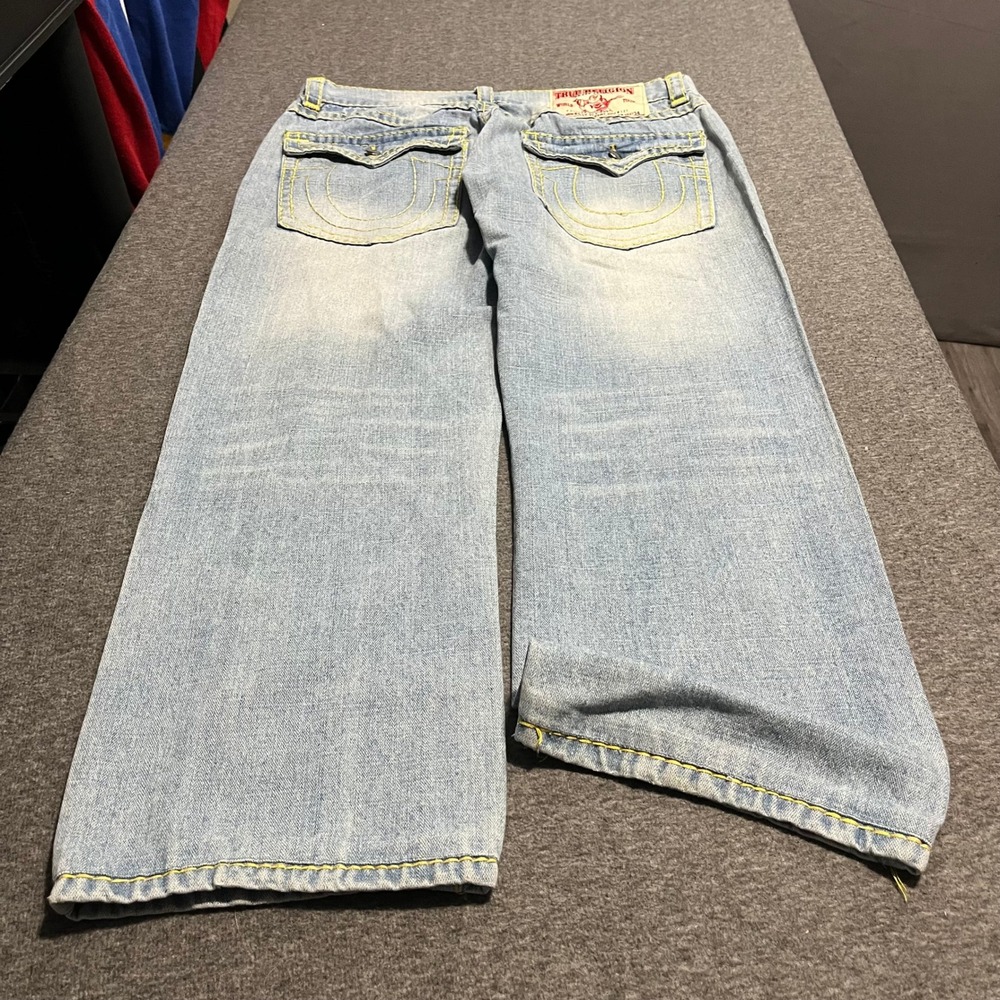 True Religion Billy Super T Mens Light Wash Yellow Stitch Jeans 38x29 USA Made
